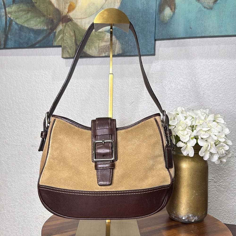 Coach Shoulder Bag Camel Suede Brown Leather Trim Buckle Detail